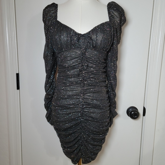 For Love & Lemons Black Glitter Ruched Backless Mini Dress Size Small - Picture 1 of 11